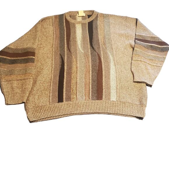 Vintage Norm Tompson Mens L Wavy Geometric 3D Biggie Cosby Muted Tans Sweater - Picture 1 of 9